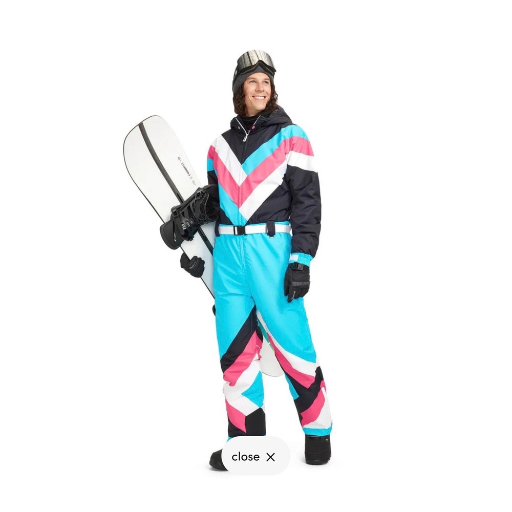 Tipsy Elves Mens Pastel Pro Snow Suit Blue Pink Chevron Ski Snowboard One Piece - Picture 2 of 11